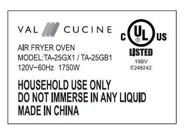 VAL CUCINE TA-25GX1 Air Fryer Oven FIG 5