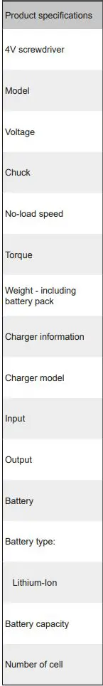 RYOBI ERGO-A2 ERGO 4V Cordless Screwdriver Kit Instruction Manual - Product specifications
