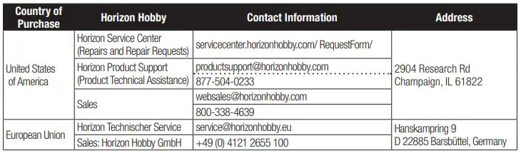 E-flite UMX Ultrix - Warranty and Service Contact Information