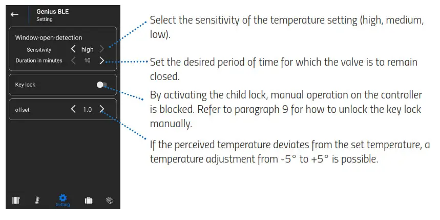 EUROTRONIC GENIUS BLE100 Wireless Thermostat - SETTINGS