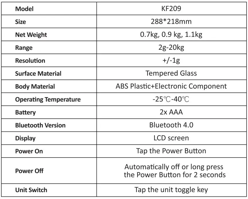 Santebee KF209 Electronic Kitchen Scale User Guide - Basic Information