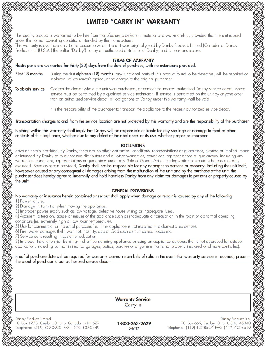 Danby DAR026A1BDD 6 Compact Refrigerator - warranty card