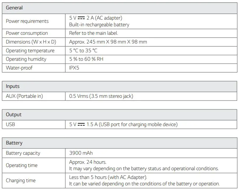 LG Portable Bluetooth Speaker Owner’s Manual - Specifications
