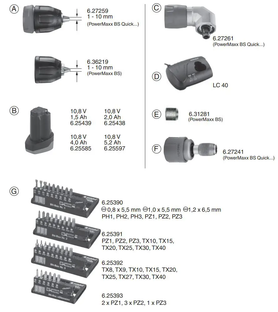 metabo PowerMaxx SB Basic Cordless Hammer Drill Instruction Manual - Possible accessories
