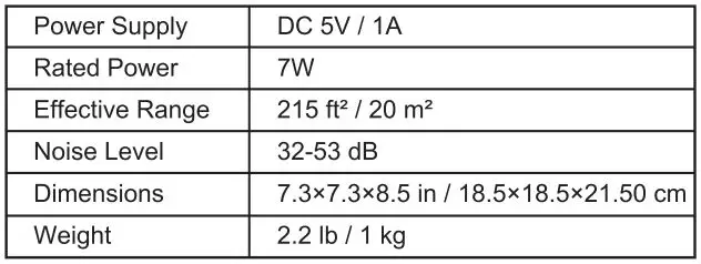 Matrix Decor RM50 True HEPA Air Purifier Installation Guide - Specifications