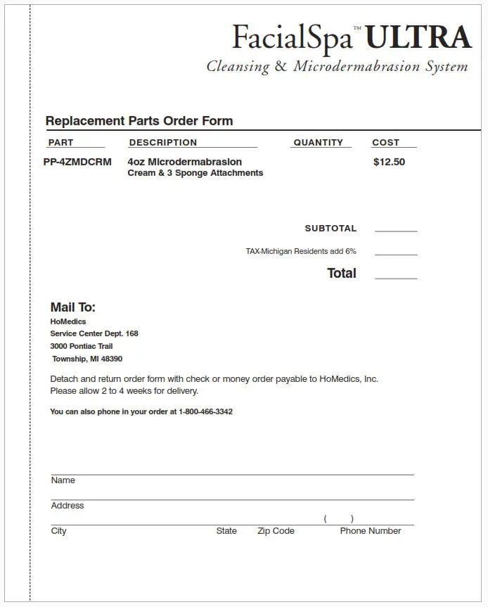 Homedics FAC-200 FacoalSpa ULTRA Cleansin - Replacement Parts Order Form
