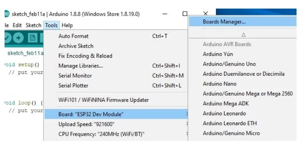 JOY-iT NODEMCU ESP32 Microcontroller Development Board - Now click on Tools → Board → Boards Manager