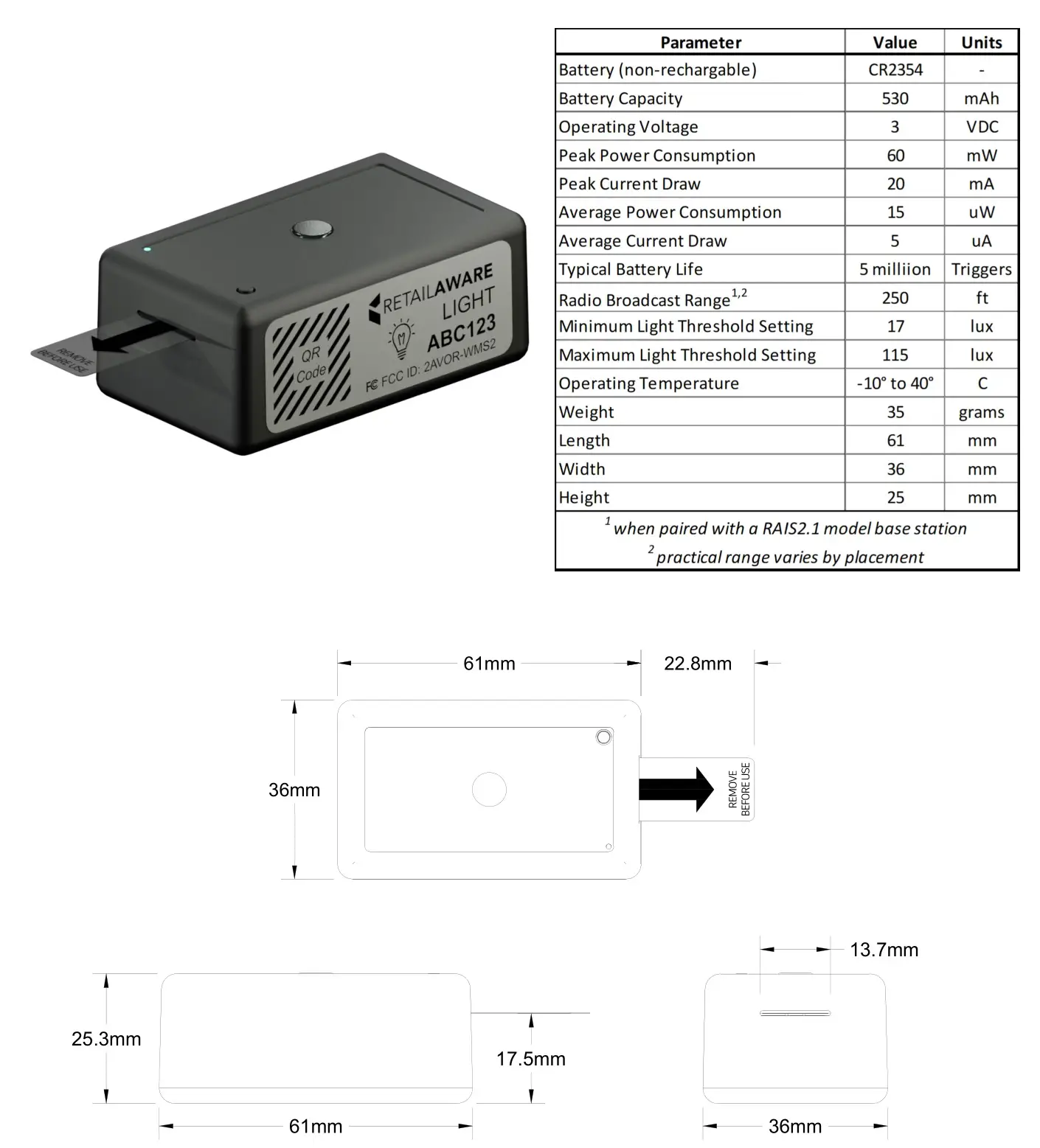 RETAIL AWARE VLSW2 Wireless Visible Light Sensor - VLSW2 - WIRELESS VISIBLE LIGHT SENSOR