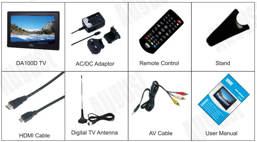 August DA100D 10.1 Inch HD Digital Analogue TV and Multimedia Player User Manual - Box Contents