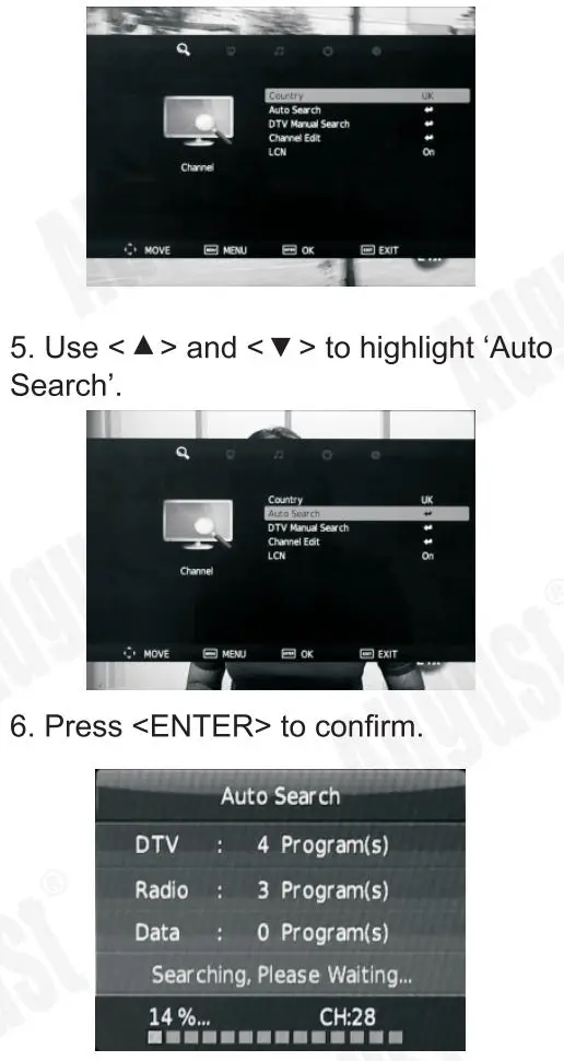 August DA100D 10.1 Inch HD Digital Analogue TV and Multimedia Player User Manual - DTV Auto Search