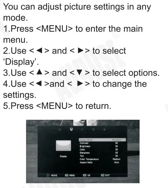 August DA100D 10.1 Inch HD Digital Analogue TV and Multimedia Player User Manual - Display Settings