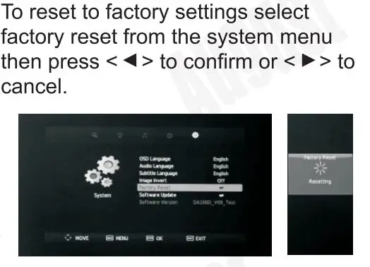 August DA100D 10.1 Inch HD Digital Analogue TV and Multimedia Player User Manual - Factory Reset
