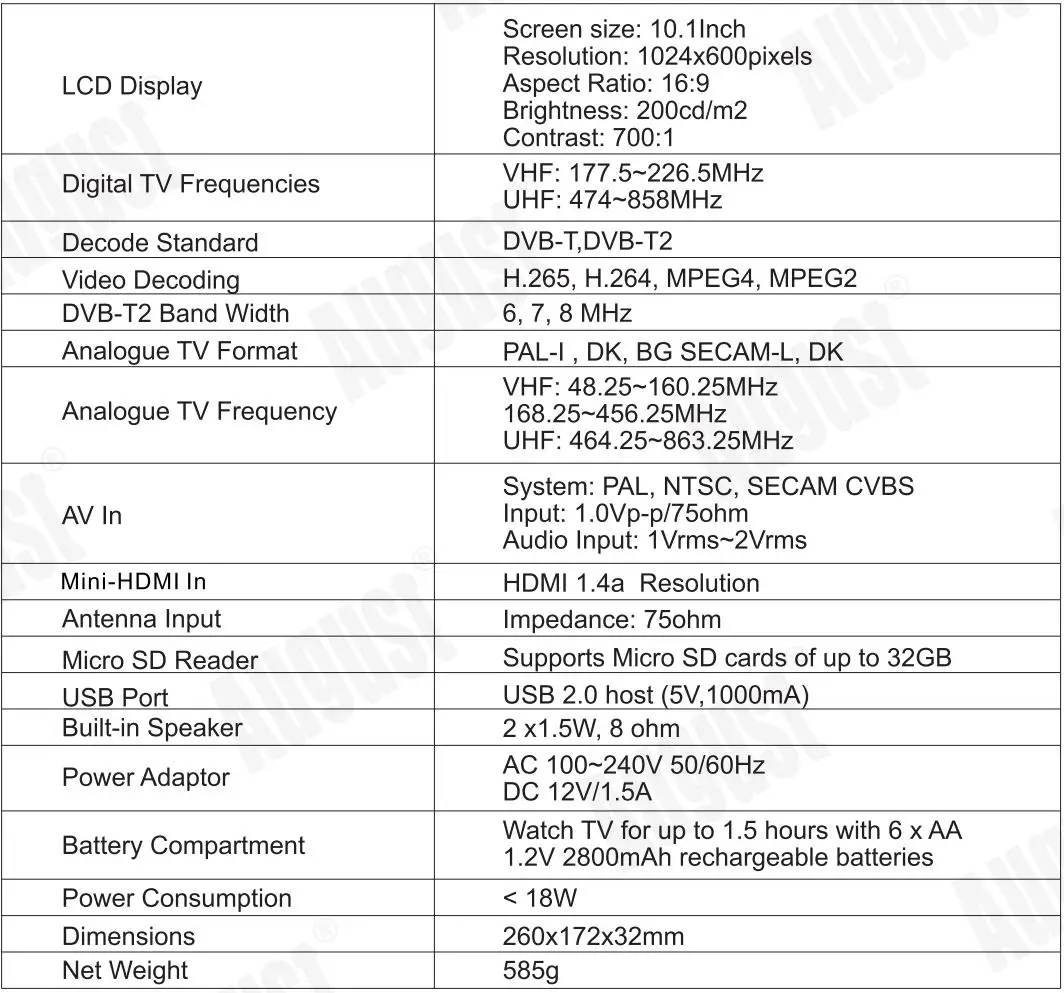 August DA100D 10.1 Inch HD Digital Analogue TV and Multimedia Player User Manual - Specifications