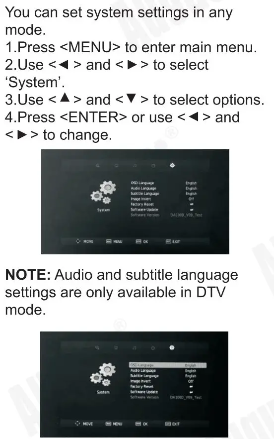 August DA100D 10.1 Inch HD Digital Analogue TV and Multimedia Player User Manual - System Settings