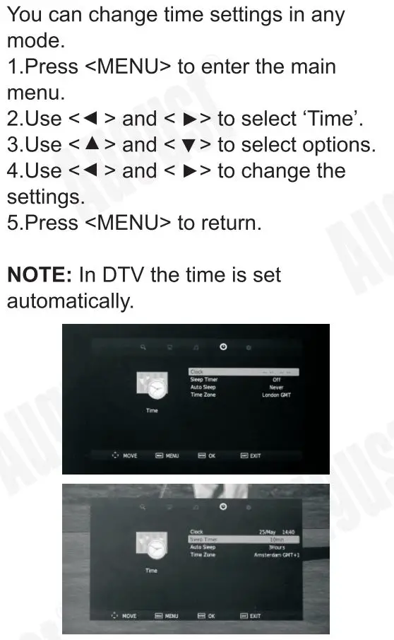 August DA100D 10.1 Inch HD Digital Analogue TV and Multimedia Player User Manual - Time Settings