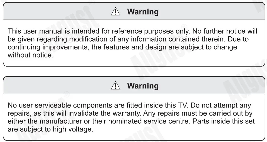 August DA100D 10.1 Inch HD Digital Analogue TV and Multimedia Player User Manual - Warning