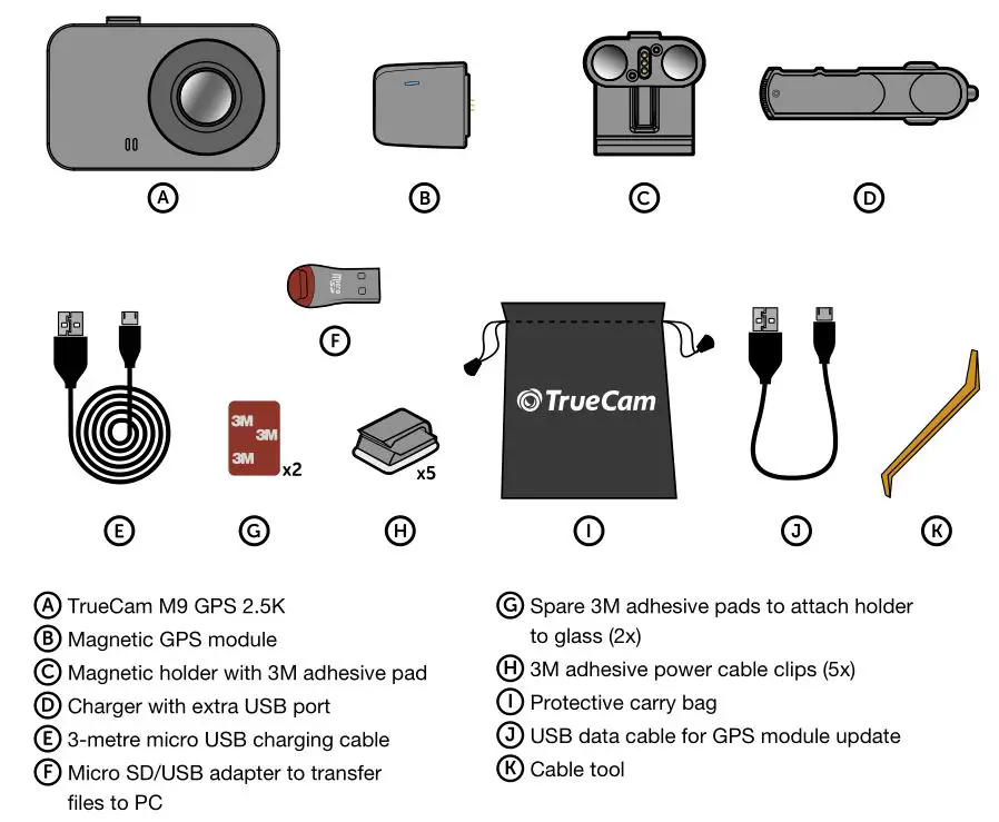 True Cam M9 GPS 2.5K dashcam and magnetic design - PACK CONTENTS