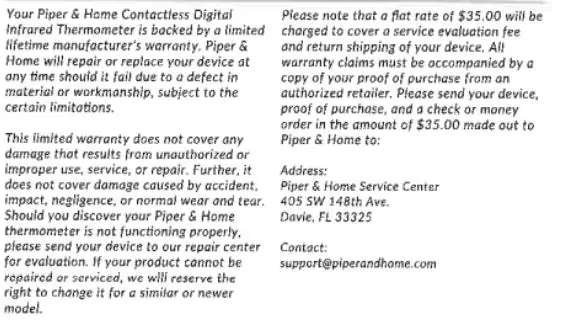 Piper Home TG8818N Contactless Digital Infrared Thermometer Instruction Manual - Limited Lifetime Warranty