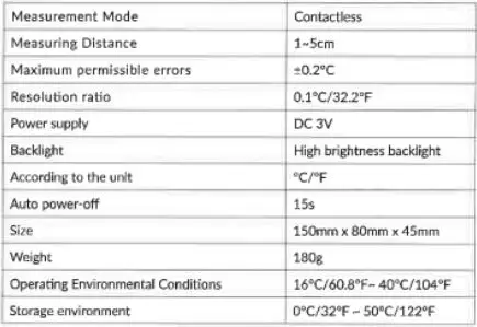 Piper Home TG8818N Contactless Digital Infrared Thermometer Instruction Manual - Technical Parameters