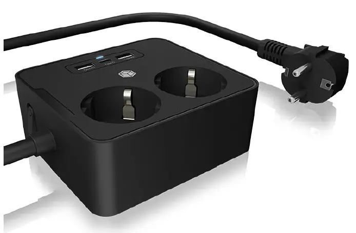 ICY BOX IB-MPS2220B-CH Twin Power Socket Strip USB Charger Desk Or Wall Mounting