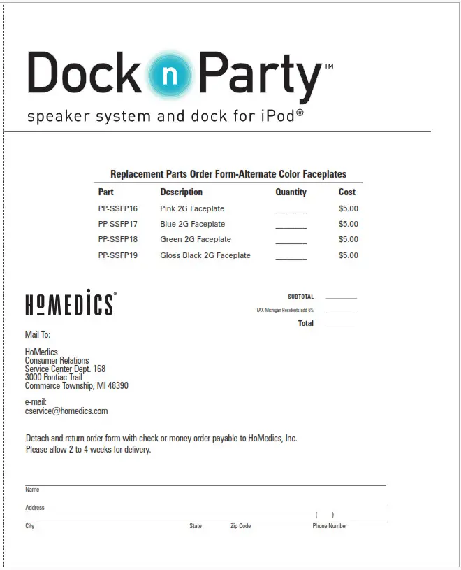 Homedics DP-310 Dock n Party Speaker System - Replacement Parts Order form