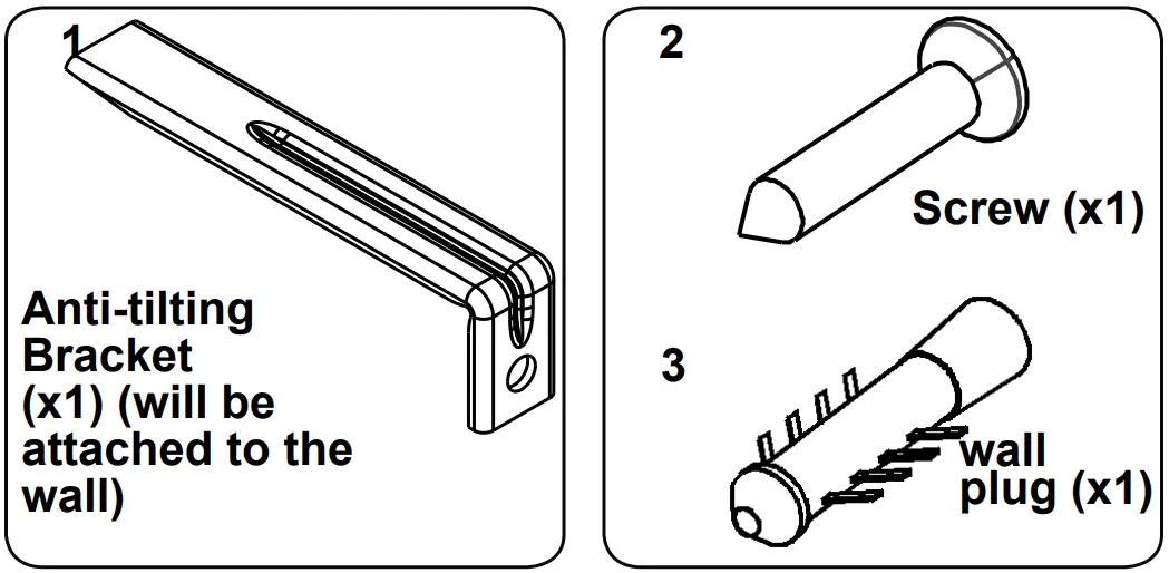 The document bag contains an
anti-tilting kit. Loosely attach the antitilting bracket (1) to the wall using the
screw (2) and wall plug (3), following the
measurements shown in the figure and
table below. Adjust the height of the antitilting bracket so that it lines up with the slot
on the cooker and tighten the screw. Push
the appliance towards the wall making sure
that the anti-tilting bracket is inserted into
the slot on the rear of the appliance.