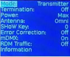 Transmitter menu screen