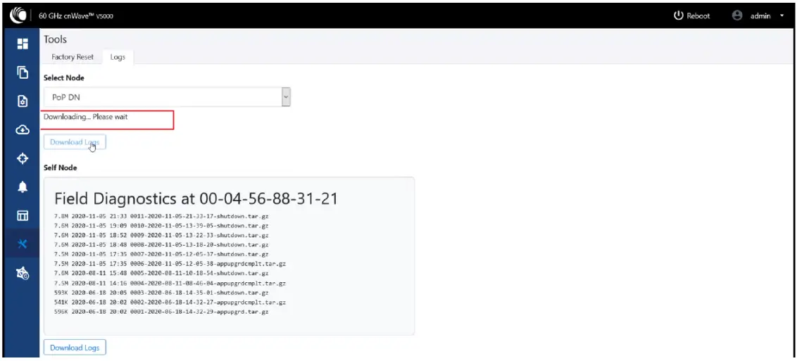 Cambium Networks cnWave 60 GHz V5000 Distribution Node - Downloading the logs