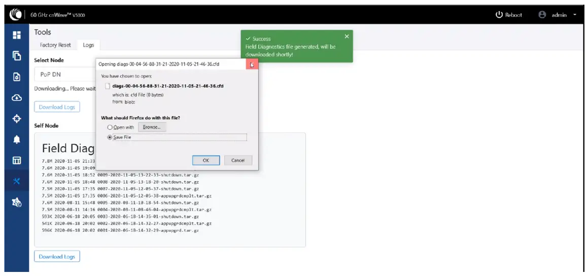 Cambium Networks cnWave 60 GHz V5000 Distribution Node - Saving the log files