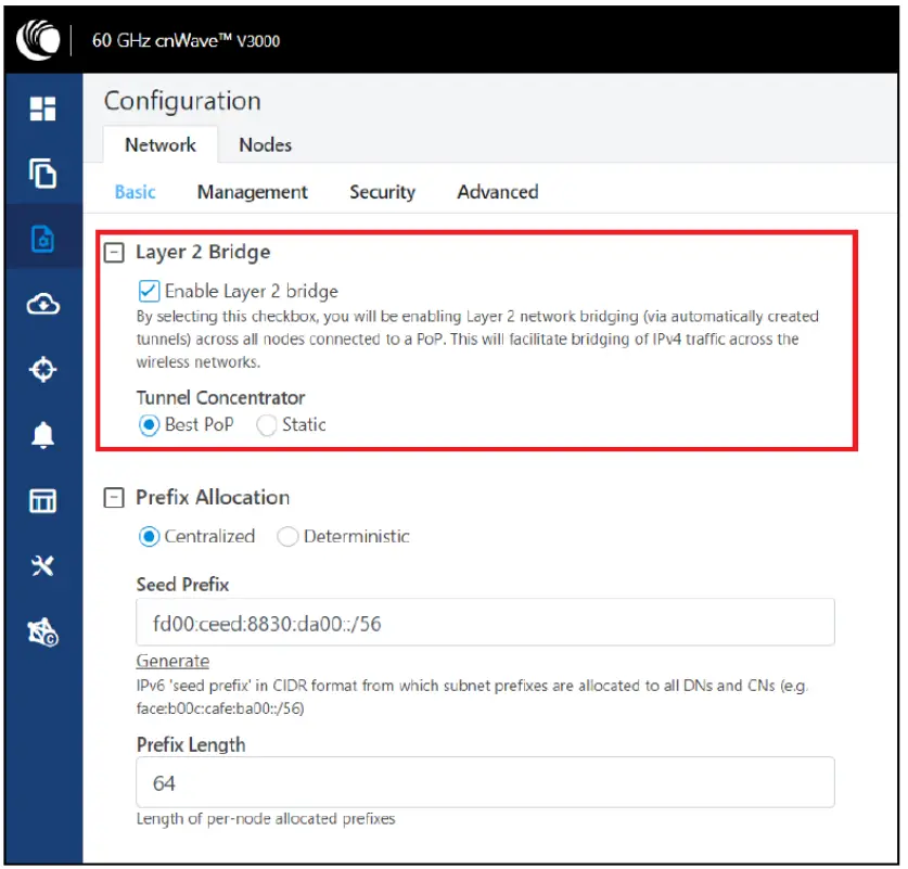Cambium Networks cnWave 60 GHz V5000 Distribution Node - bridge is selected