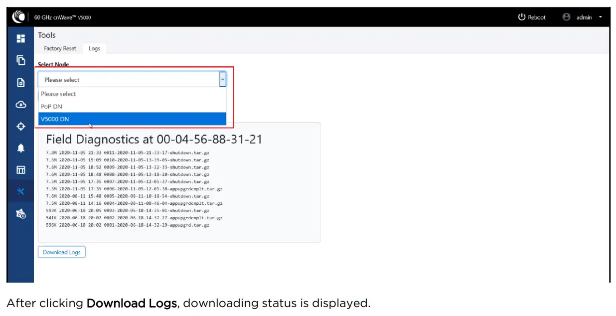 Cambium Networks cnWave 60 GHz V5000 Distribution Node - diagnostics logs