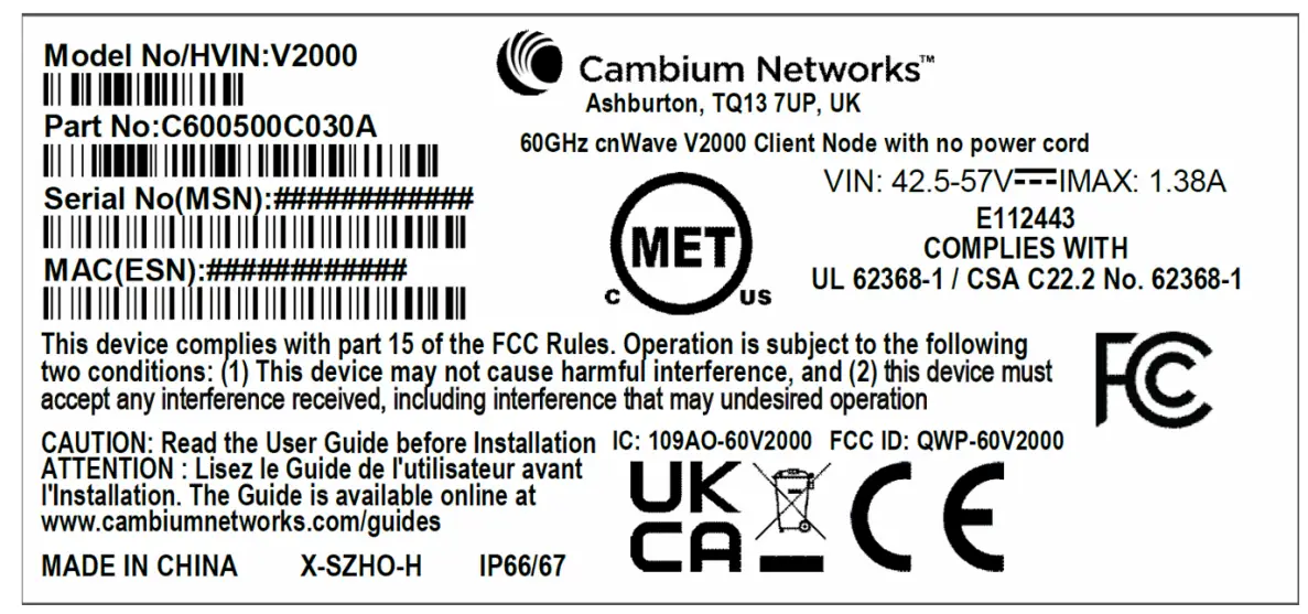 Cambium Networks cnWave 60 GHz V5000 Distribution Node - power cord