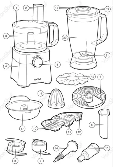 VonShef 2000112 750W Food Processor - COMPONENTS