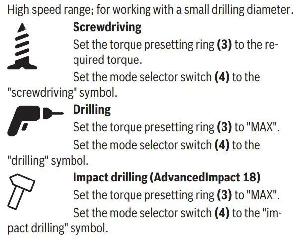 BOSCH Cordless impact drivers wrenches Instruction Manual - Drilling impact drilling mode