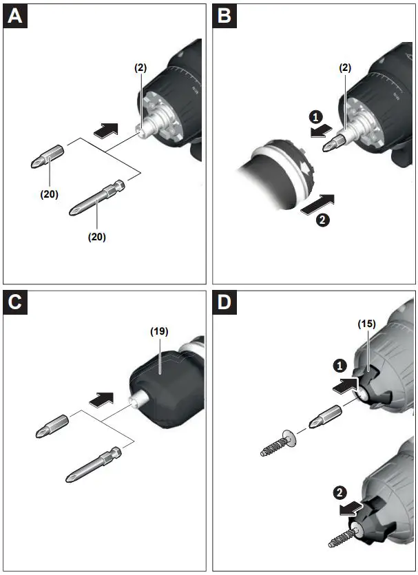 BOSCH Cordless impact drivers wrenches Instruction Manual - Fig, A,B,C,D