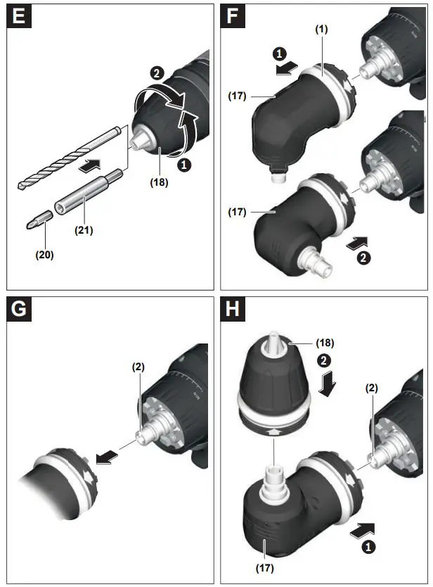 BOSCH Cordless impact drivers wrenches Instruction Manual - Fig, E,F,G,H