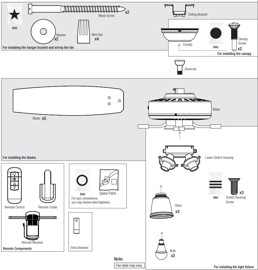 Hunter 51856 Crestfield 52 Inch Ceiling Fan with 3 LED Lights - box
