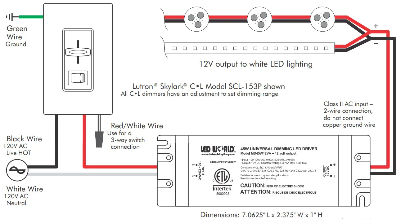 LED WORLD MD45W12VA 45W Universal Dimming Class 2 LED Driver - Dimension
