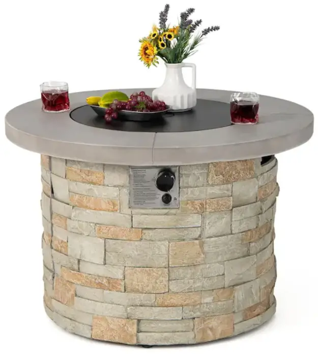 COSTWAY NP10631WL-GR Round Propane Gas Fire Pit Table Faux Stone