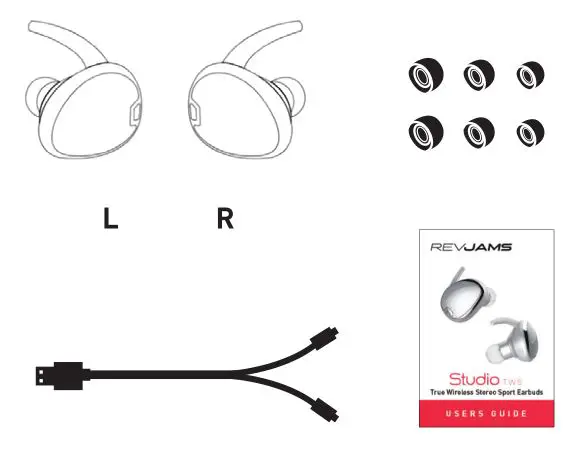 RevJams Studio TWS True Wireless Stereo Sport Earbuds - PACKAGE CONTENTS