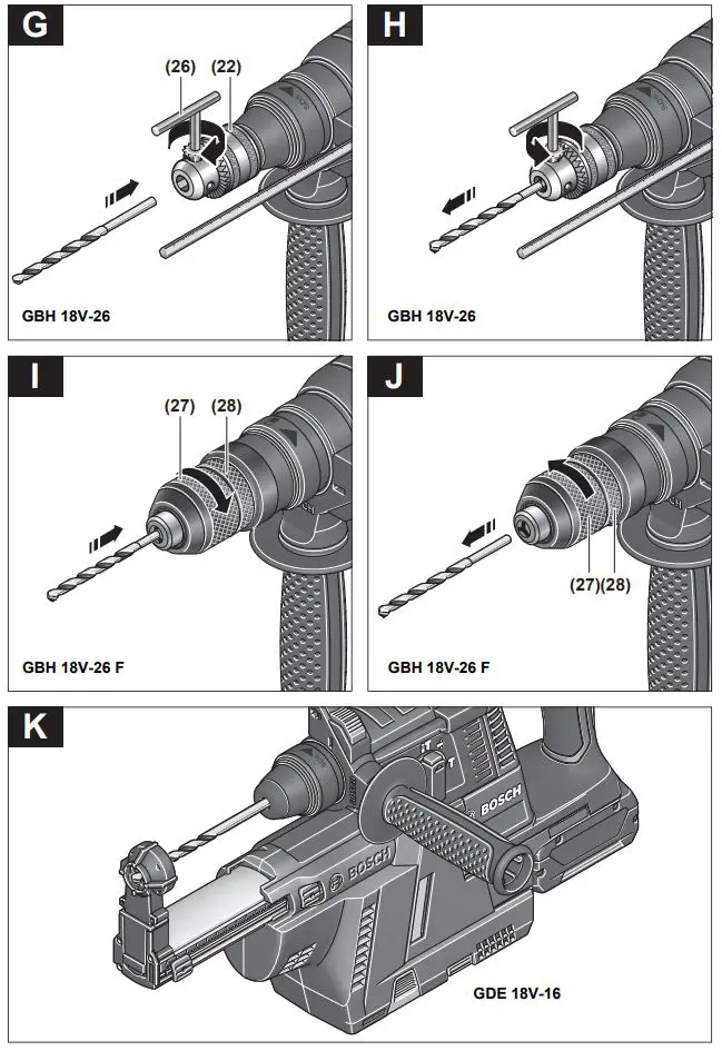 BOSCH GBH 18V-26 F Cordless Rotary Hammer Instruction Manual - Fig G,H,I,J,K