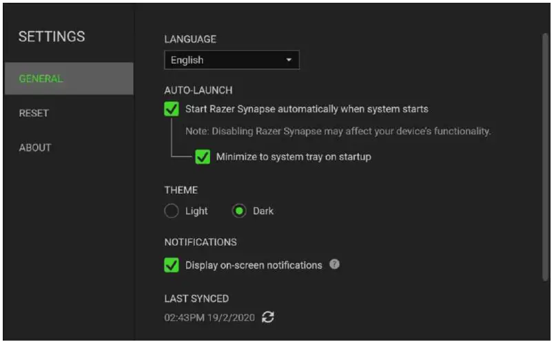 RAZER Tomahawk Mini ITX Metal Gaming Chassis - SETTINGS WINDOW