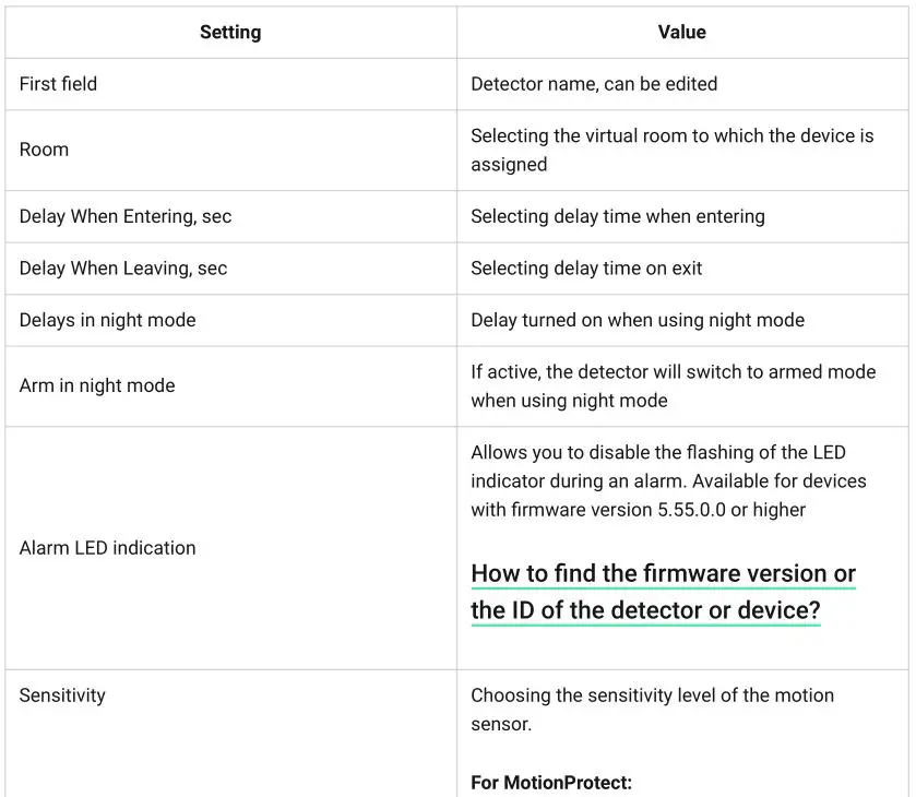 MotionProtect or MotionProtect Plus - Settings Table 1