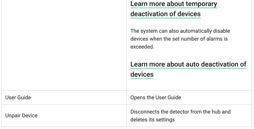MotionProtect or MotionProtect Plus - Settings Table 3