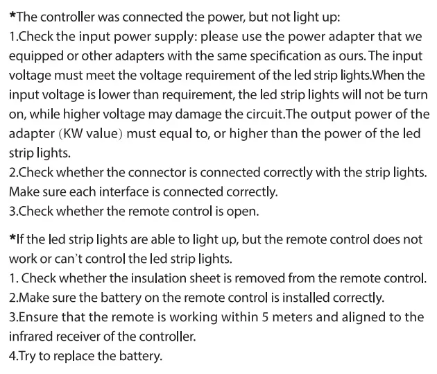 KEXU-W-XX Bedroom 65.6ft Smart WiFi and Bluetooth LED Strip Lights User Manual - Common Troubleshooting