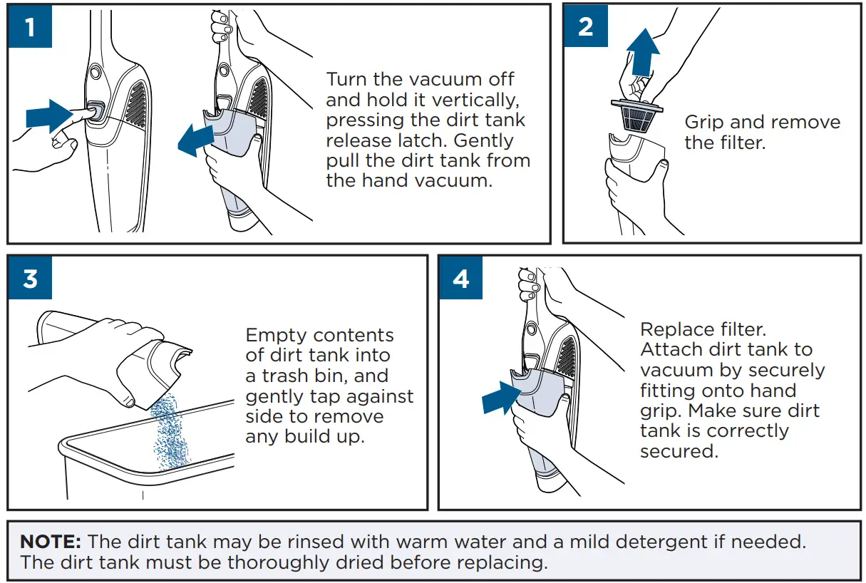 BISSELL 2773 Series Featherweight Powerbrush Stick Vacuum User Manualb - Emptying the Dirt Tank