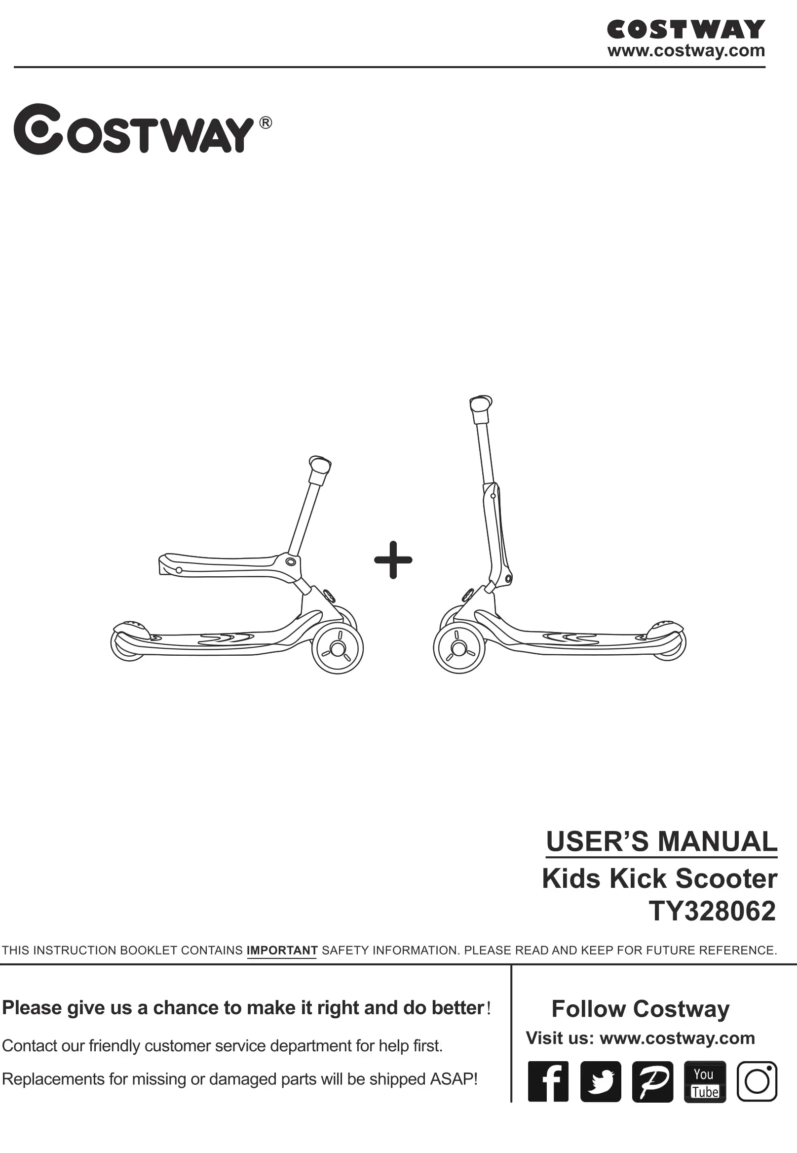 COSTWAY TY328062 Kids Kick Scooter User Manual