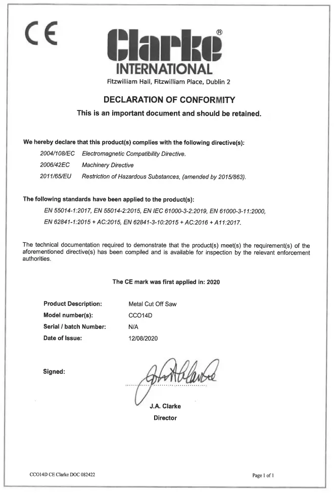 Clarke CCO14D 355MM Abrasive Cut-Off Saw - 14