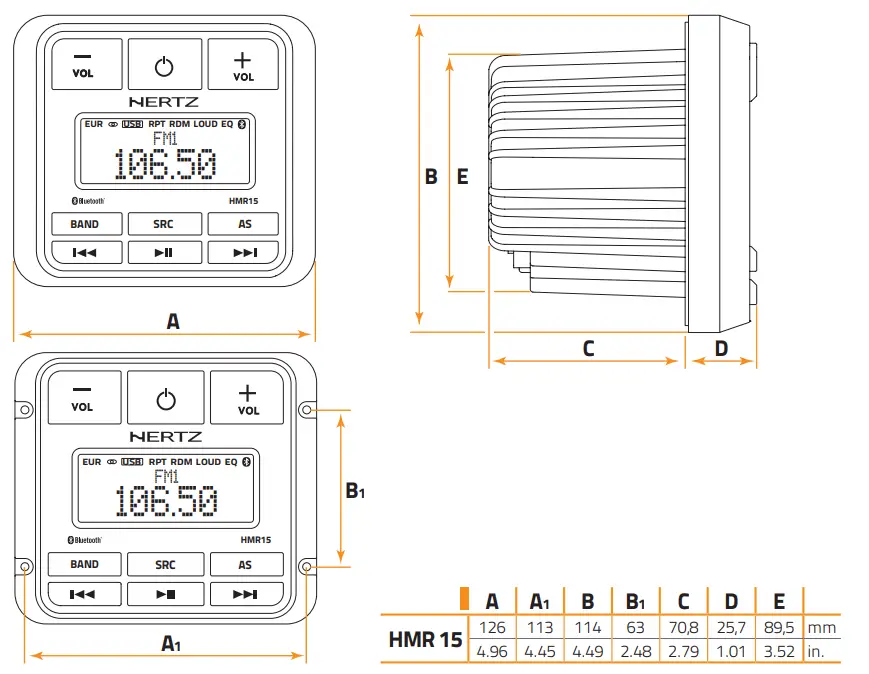 HERTZ HMR 15 Marine Car Audio System - DIMENSIONS