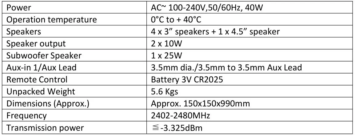 ICES IBT-6 Speakertower with Bluetooth, FM radio and USB - SPECIFICATIONS